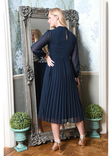 Yumi Navy Long Sleeve Embroidered Midi Dress With Pleats
