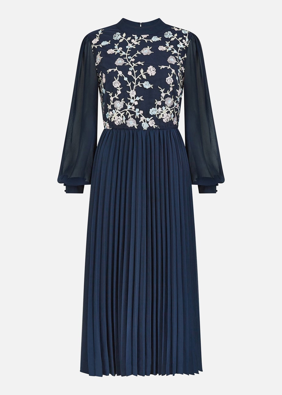 Yumi Navy Long Sleeve Embroidered Midi Dress With Pleats
