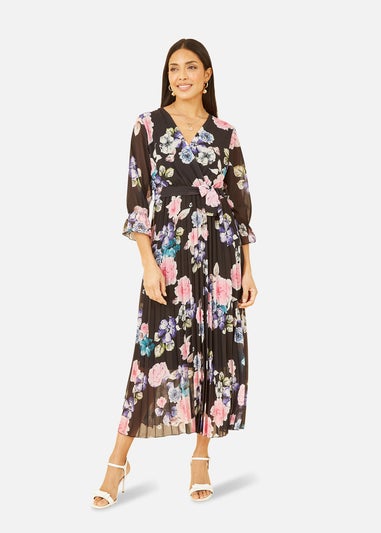 Yumi Black Floral Pleated Wrap Midi Dress