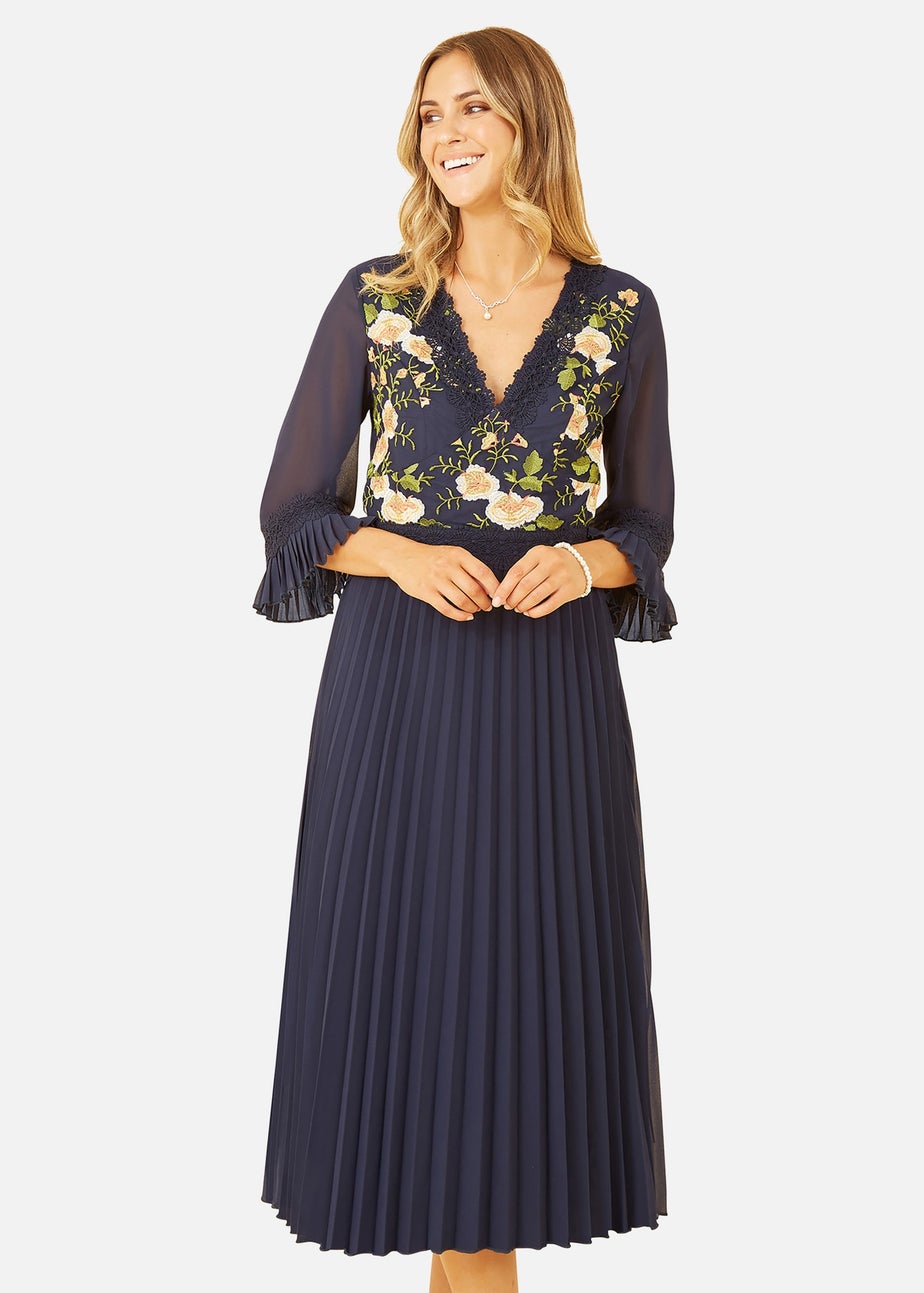 Yumi Navy Embroidered Floral Pleated Midi Dress