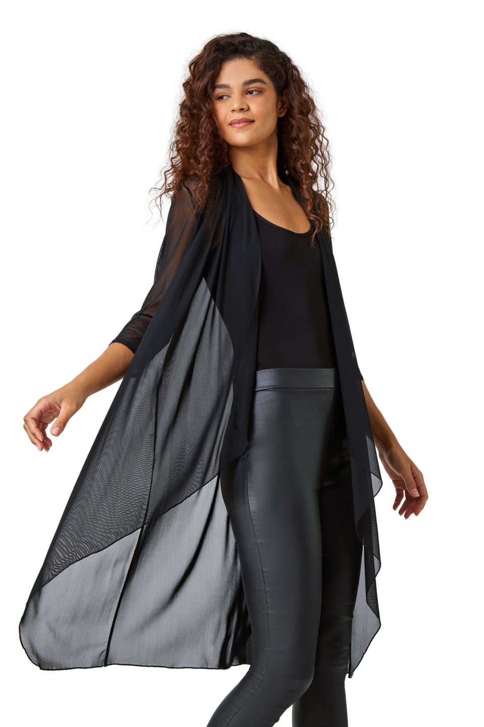 Roman Black 3/4 Sleeve Mesh Longline Kimono