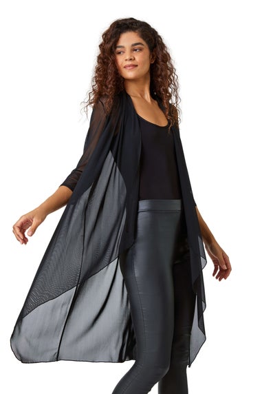 Roman Black 3/4 Sleeve Mesh Longline Kimono