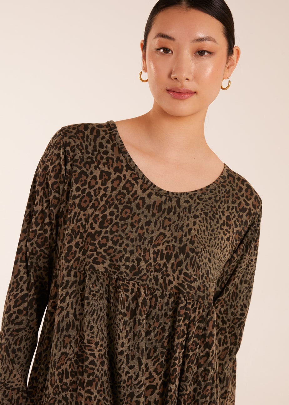 Blue Vanilla Khaki Tiered Leopard Roll Sleeve Smock Dress