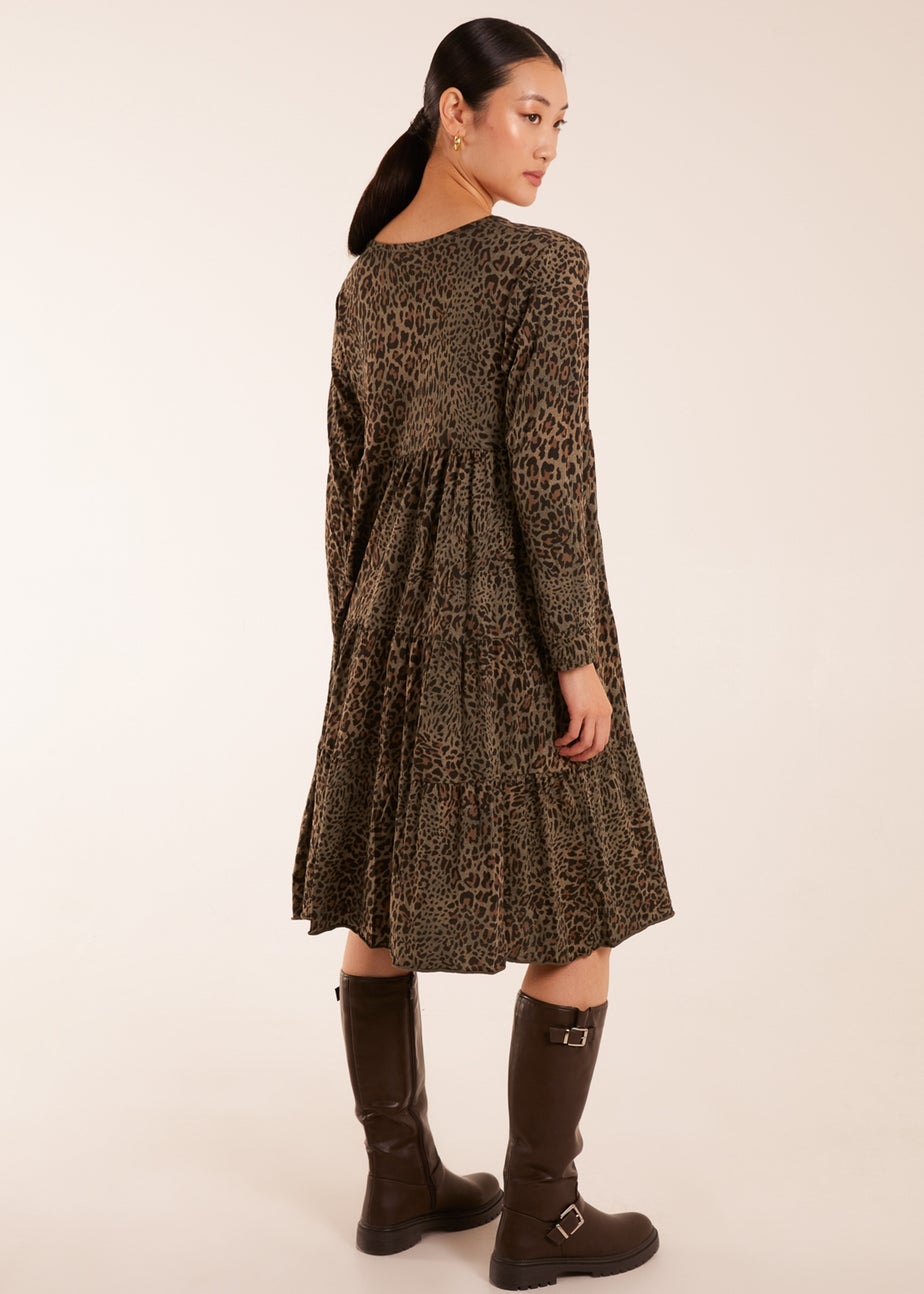 Blue Vanilla Khaki Tiered Leopard Roll Sleeve Smock Dress