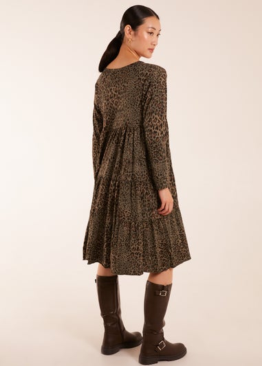 Blue Vanilla Khaki Tiered Leopard Roll Sleeve Smock Dress