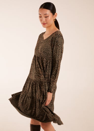 Blue Vanilla Khaki Tiered Leopard Roll Sleeve Smock Dress