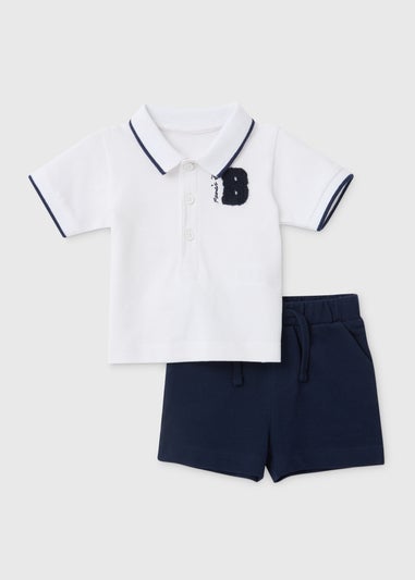 Baby White & Navy Boucle Badge Polo Shirt & Shorts Set (Newborn-23mths)
