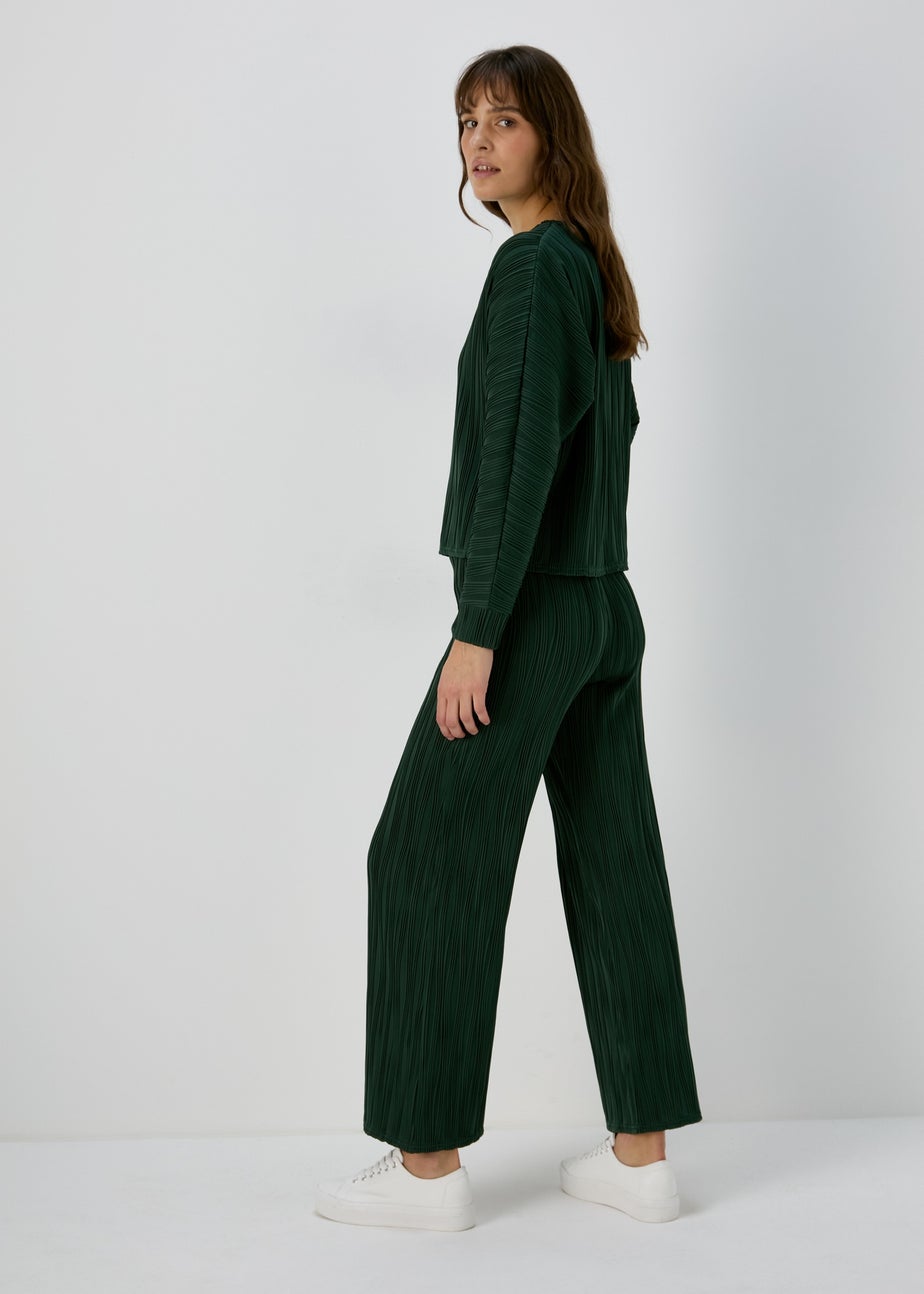 Green Textured Wide Leg Trousers