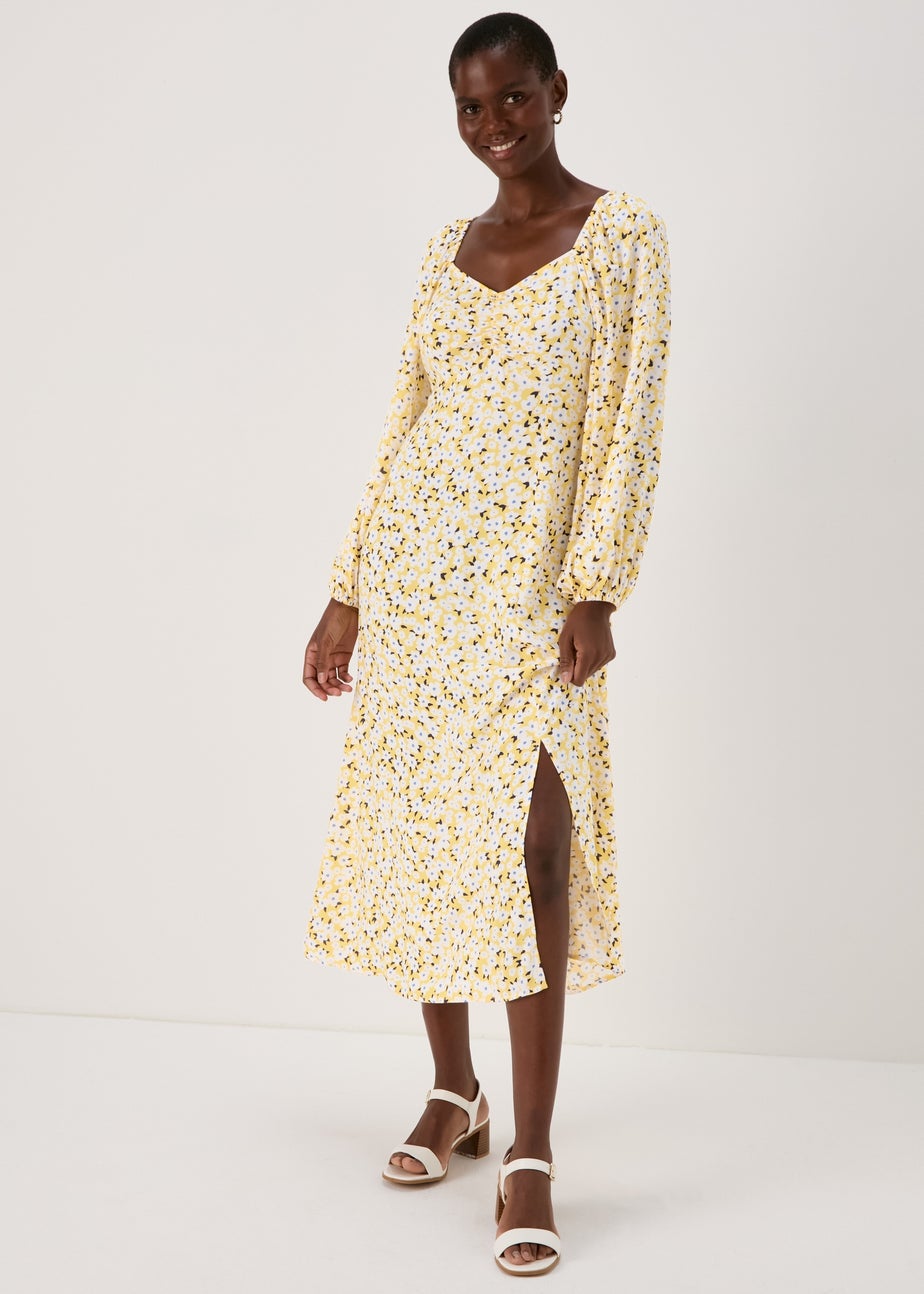 Papaya Petite Yellow Floral Sweetheart Neck Midi Dress