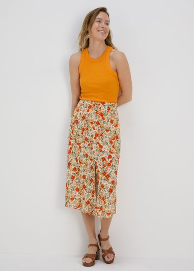 Papaya Petite Beige Ditsy Flared Hem Button Skirt