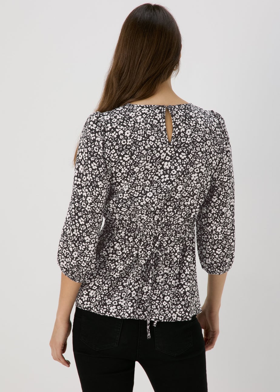 Black Mono Floral Print Empire Seam Top