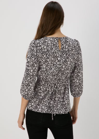 Black Mono Floral Print Empire Seam Top