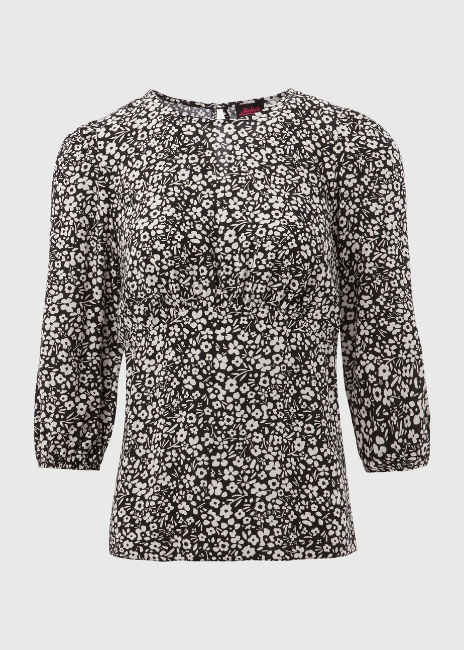 Black Mono Floral Print Empire Seam Top