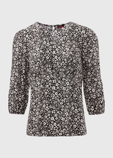 Black Mono Floral Print Empire Seam Top