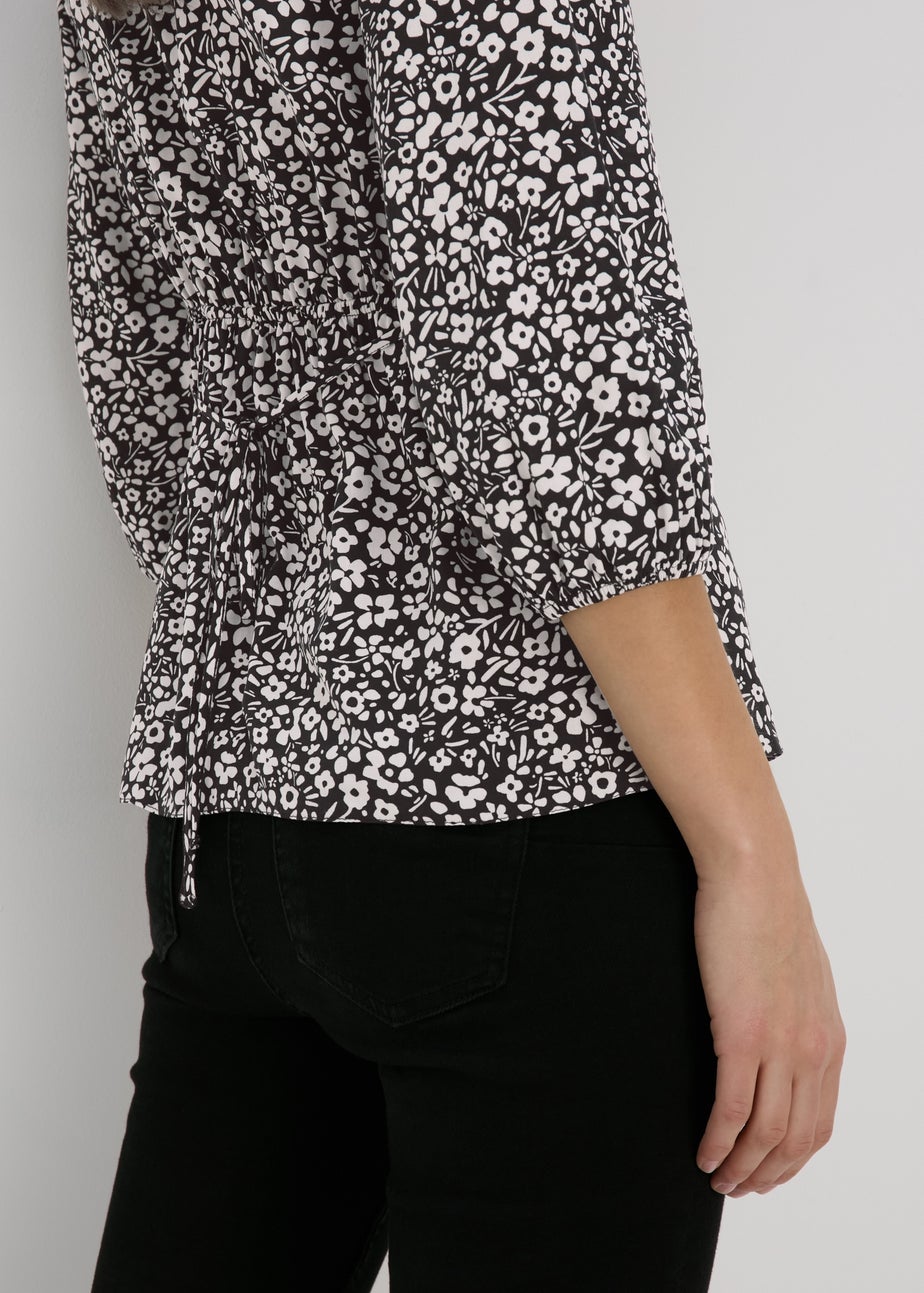 Black Mono Floral Print Empire Seam Top