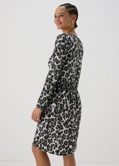 Grey Animal Print Ribbed Swing Dress