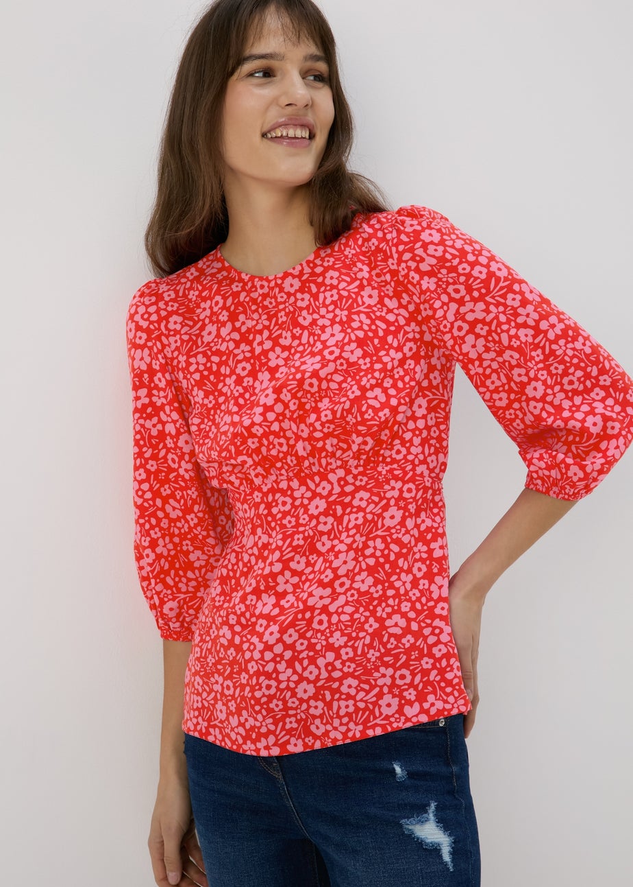Pink Floral Print Empire Seam Top
