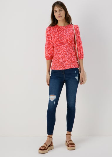 Pink Floral Print Empire Seam Top