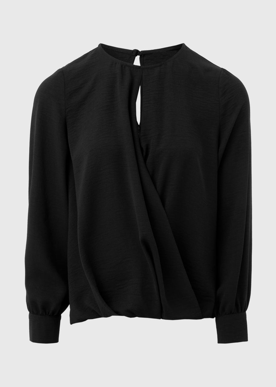 Black Wrap Front Pleat Hem Top