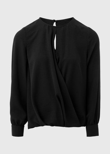 Black Wrap Front Pleat Hem Top