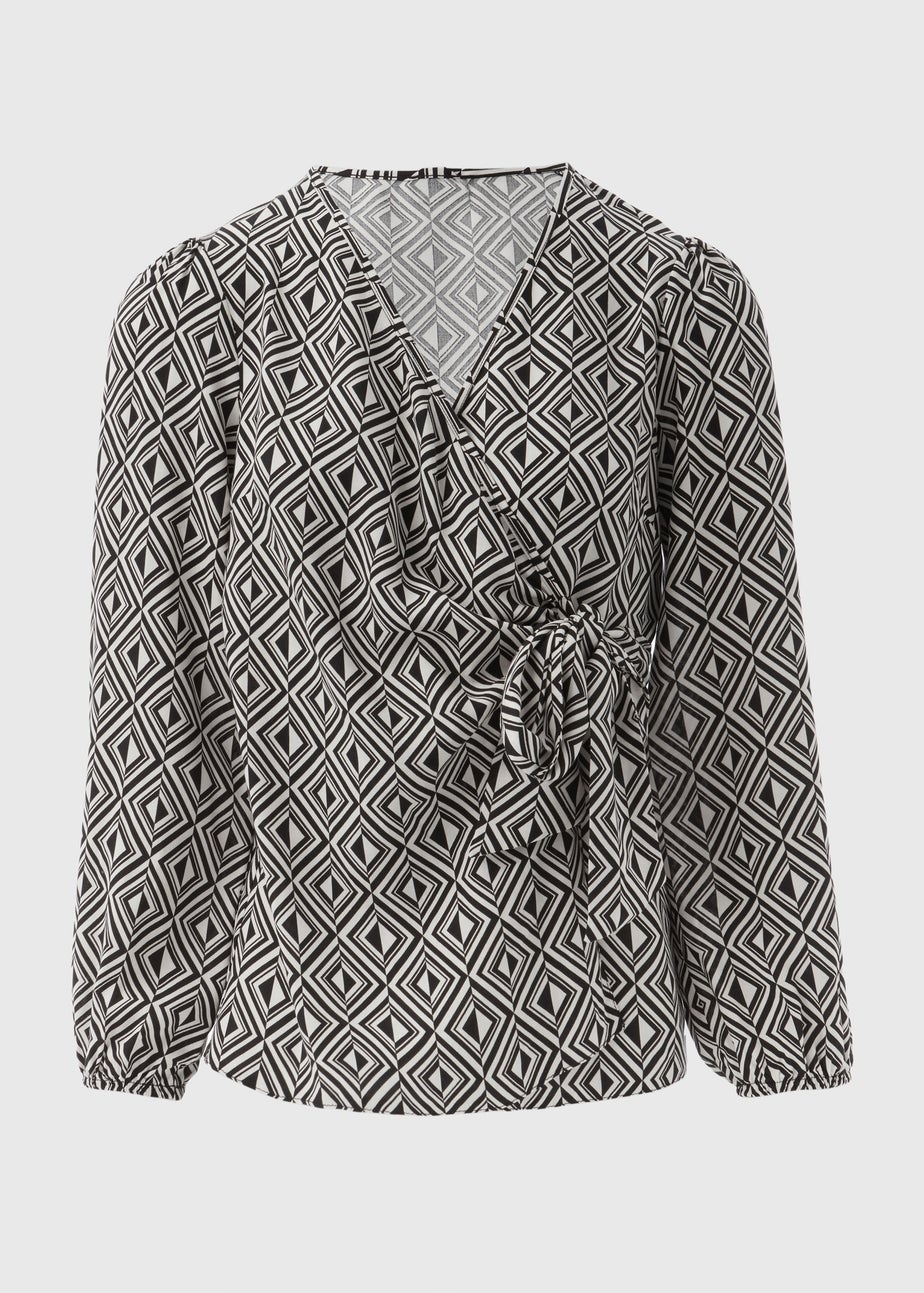 Black Geo Print Wrap Top