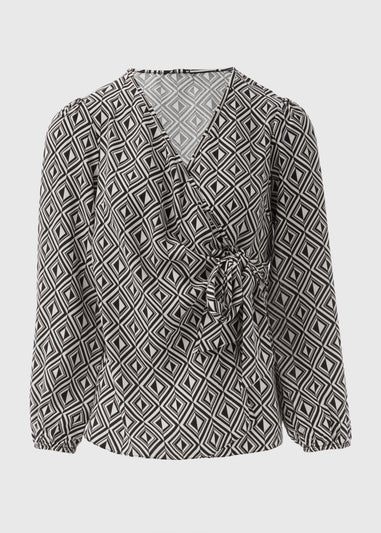 Black Geo Print Wrap Top