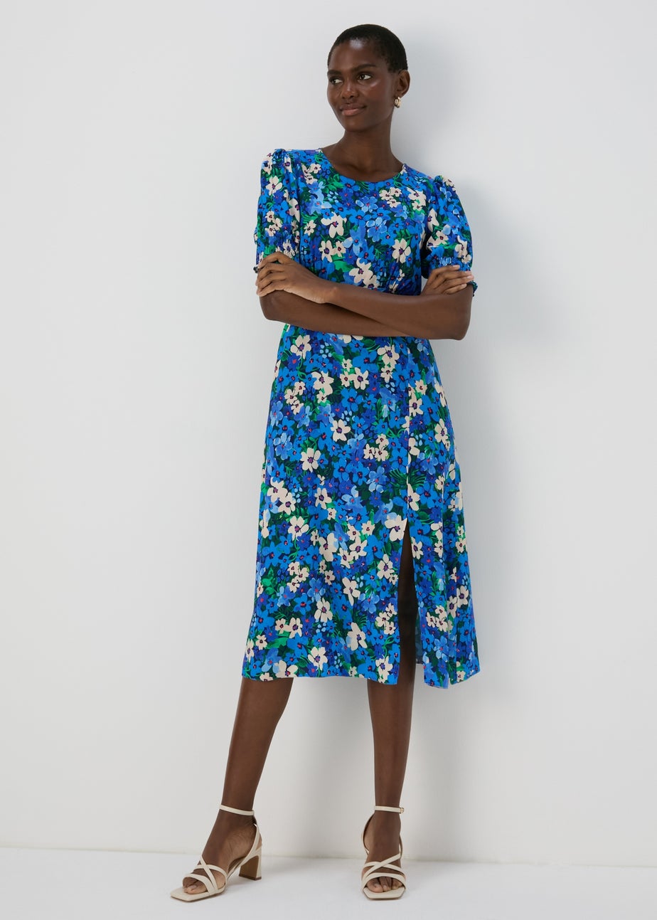 Blue Floral Empire Seam Midi Dress