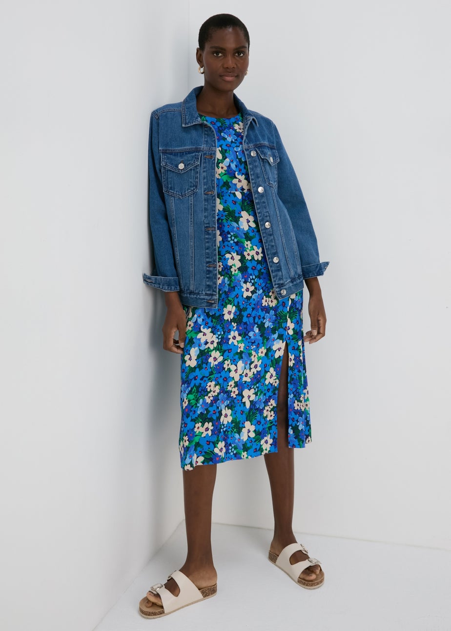 Blue Floral Empire Seam Midi Dress