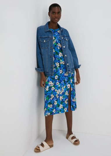 Blue Floral Empire Seam Midi Dress