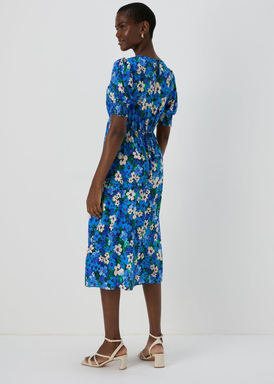 Blue Floral Empire Seam Midi Dress