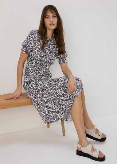 Black Floral Print Midi Dress