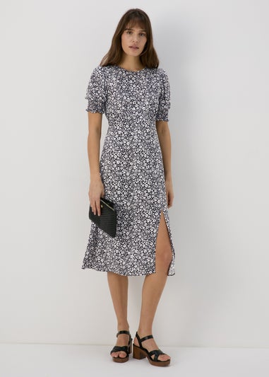 Black Floral Print Midi Dress