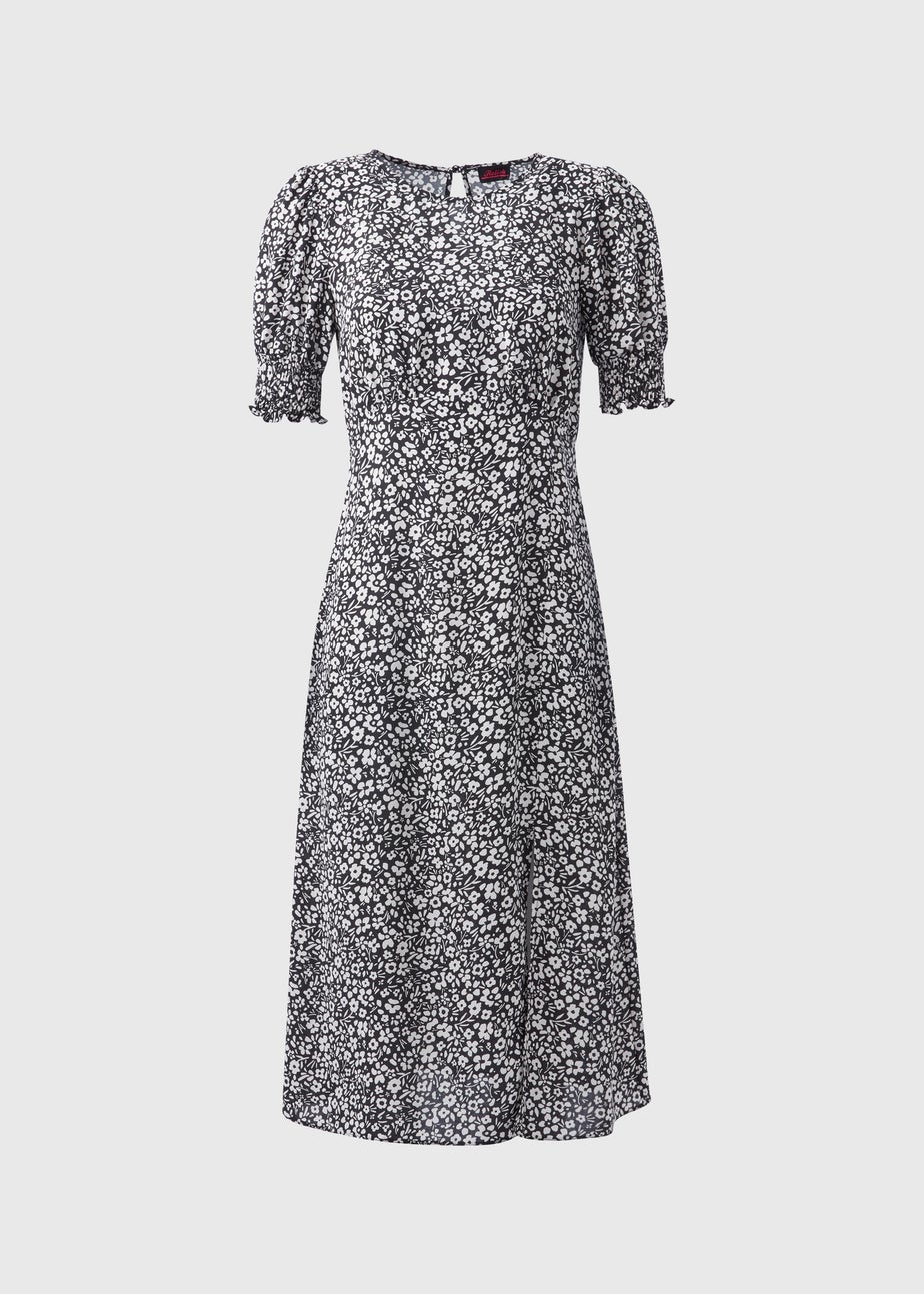 Black Floral Print Midi Dress