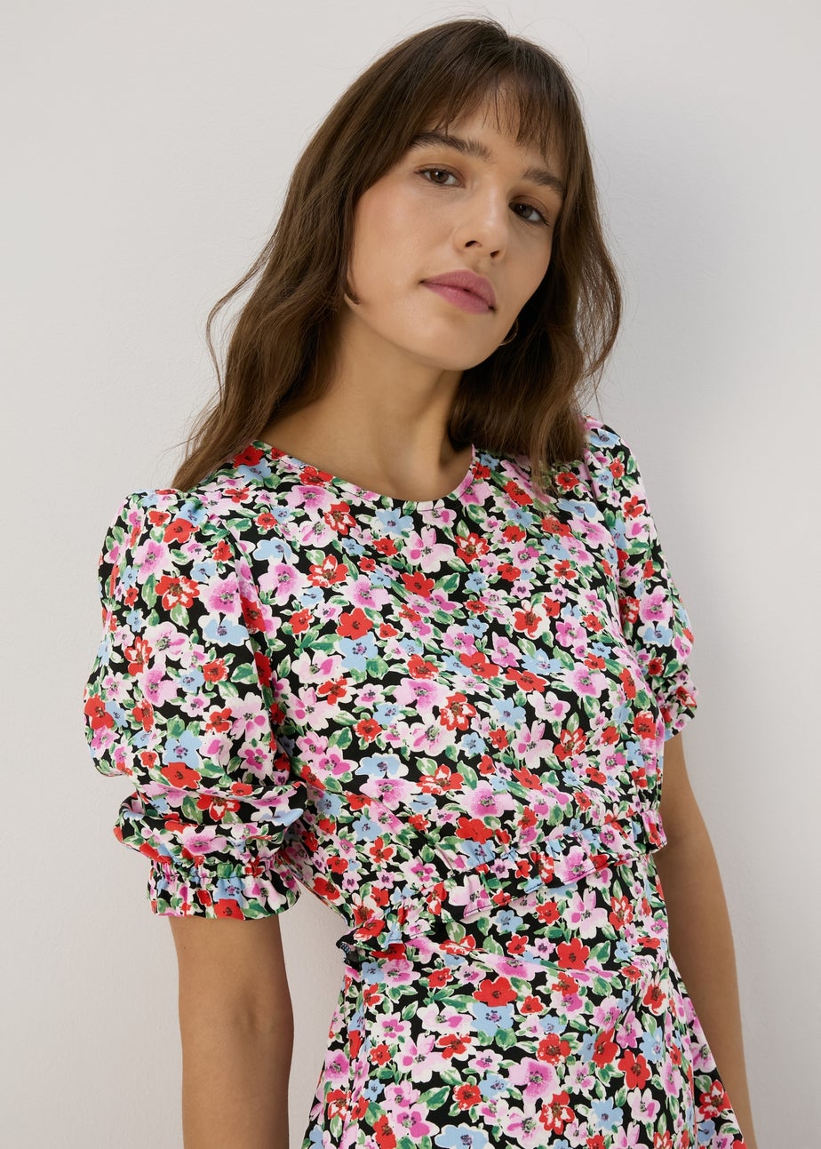 Multicolour Frill Waist Floral Midi Dress