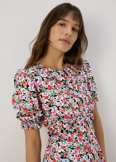 Multicolour Frill Waist Floral Midi Dress