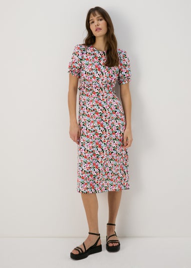 Multicolour Frill Waist Floral Midi Dress