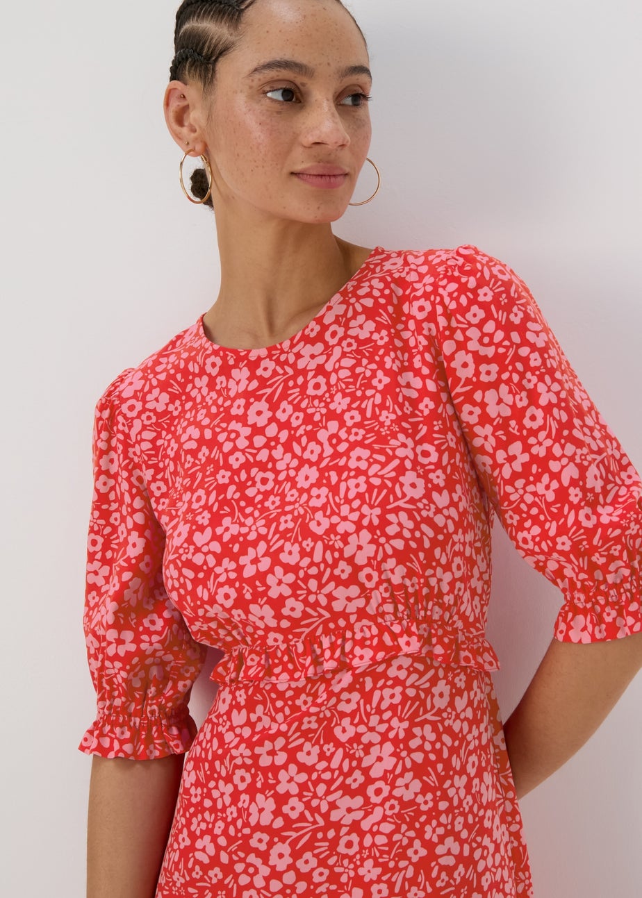 Pink Frill Waist Floral Midi Dress