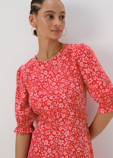 Pink Frill Waist Floral Midi Dress