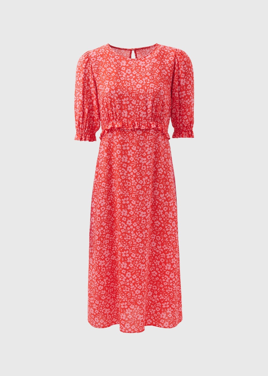 Pink Frill Waist Floral Midi Dress