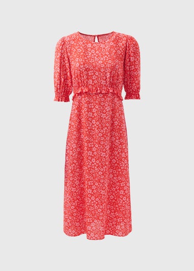 Pink Frill Waist Floral Midi Dress