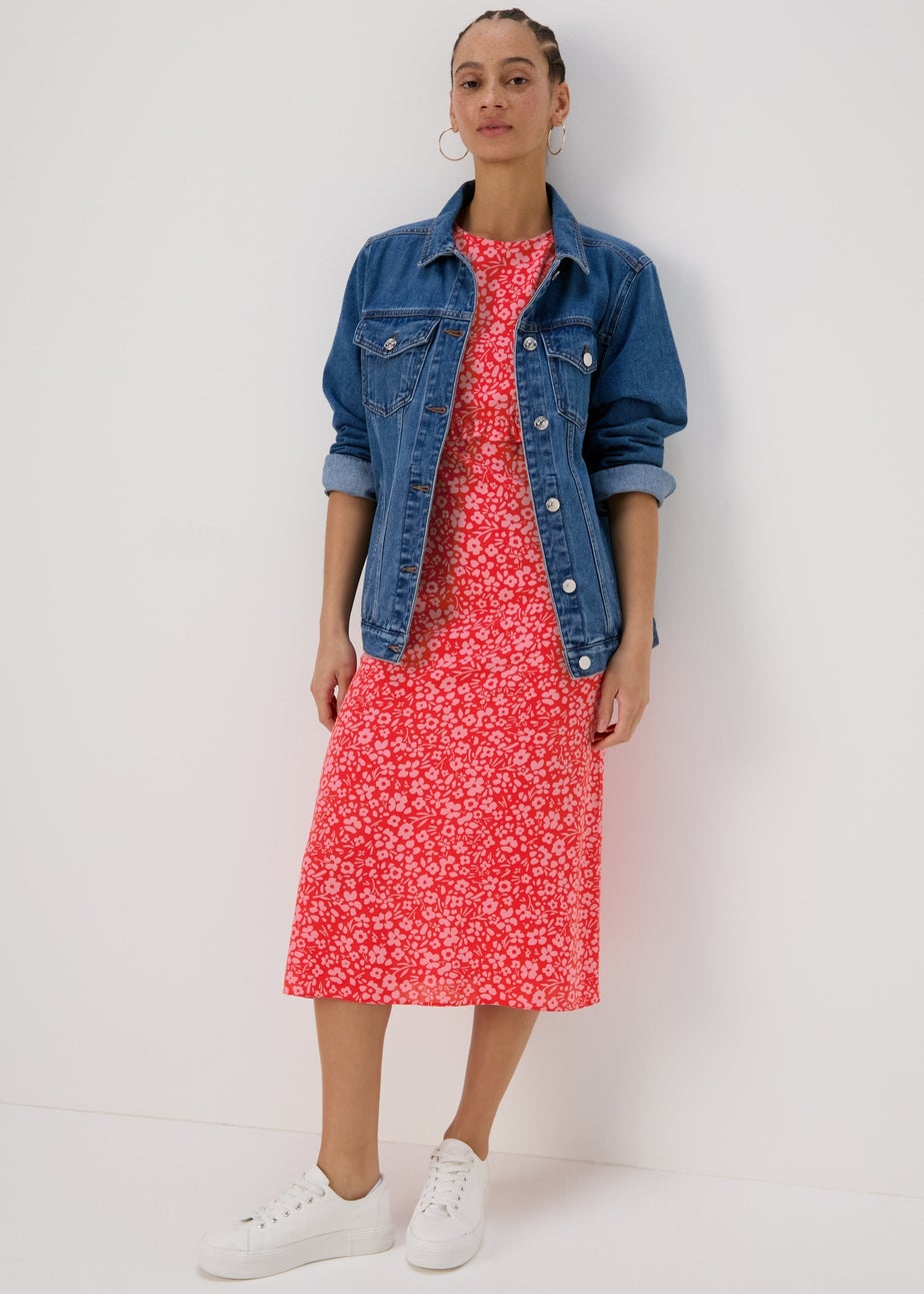 Pink Frill Waist Floral Midi Dress