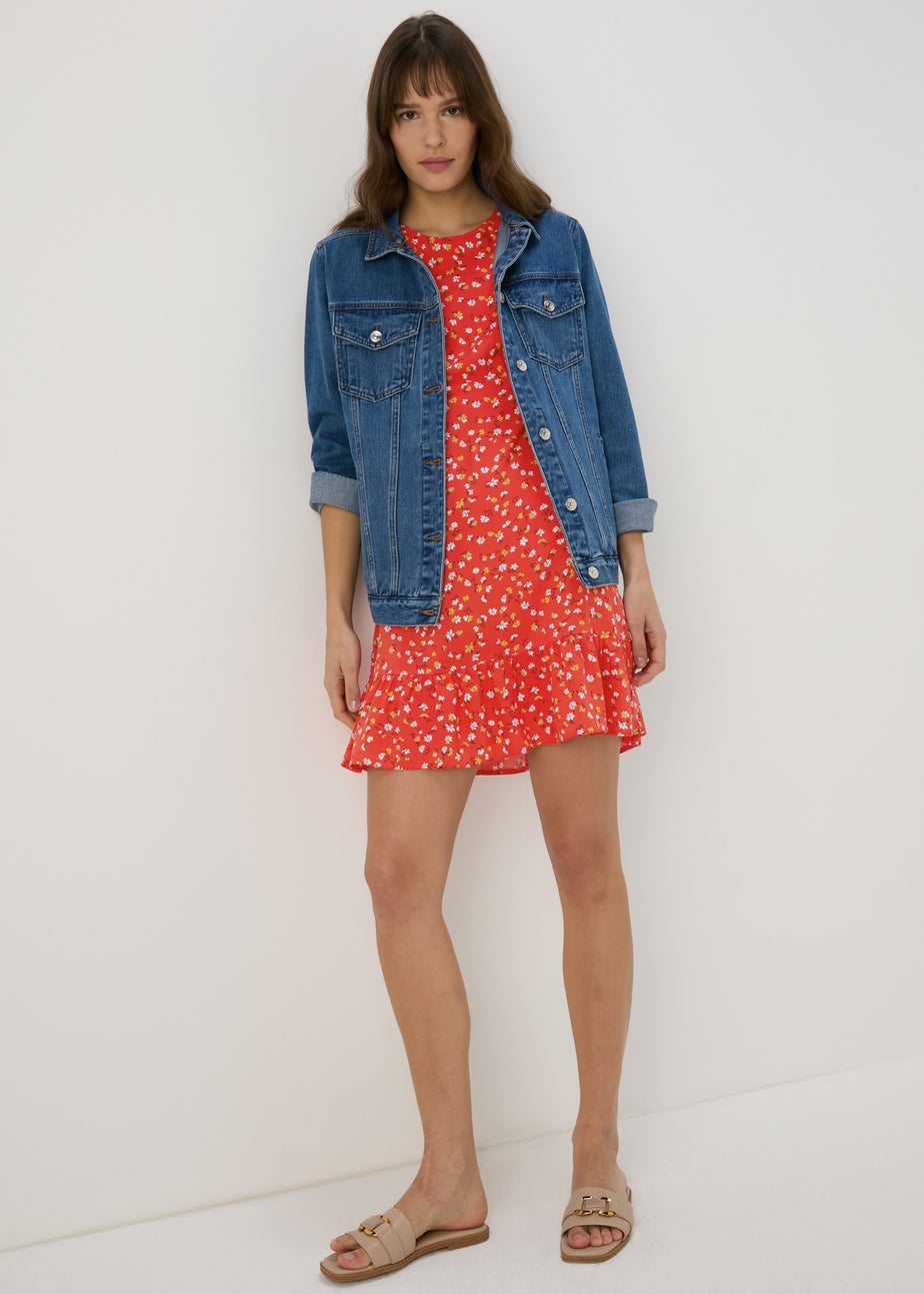 Red Floral Frill Cuff Mini Dress