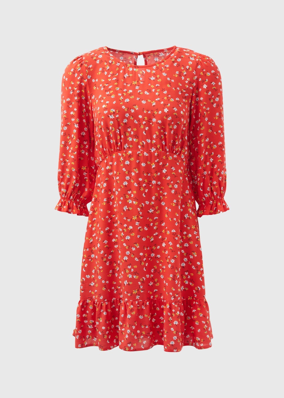 Red Floral Frill Cuff Mini Dress