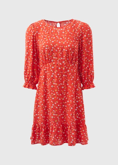 Red Floral Frill Cuff Mini Dress