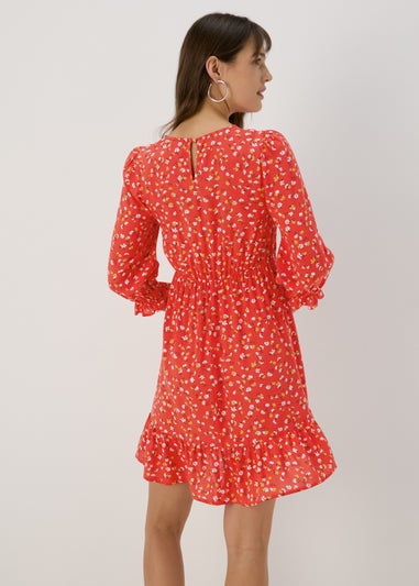 Red Floral Frill Cuff Mini Dress