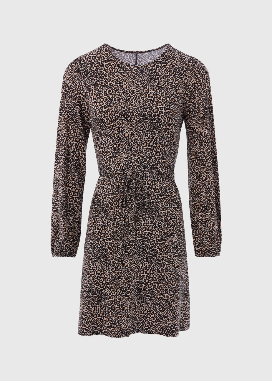 Black Animal Print Tie Waist Mini Jersey Dress