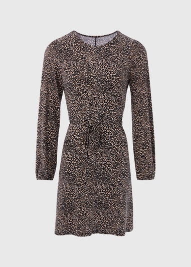 Black Animal Print Tie Waist Mini Jersey Dress