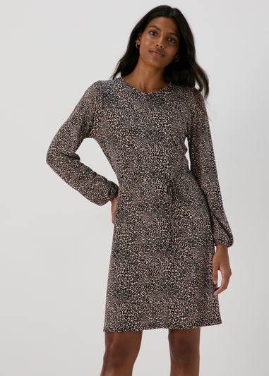 Black Animal Print Tie Waist Mini Jersey Dress