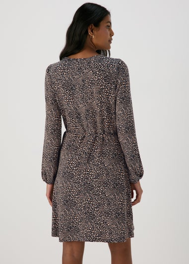 Black Animal Print Tie Waist Mini Jersey Dress