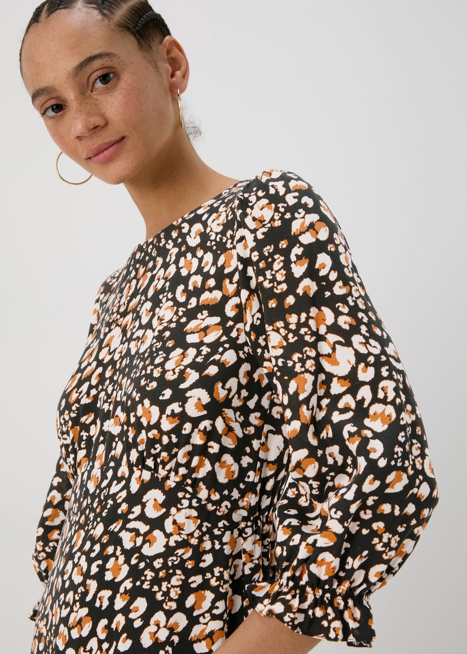 Black Animal Print Frill Cuff Mini Dress